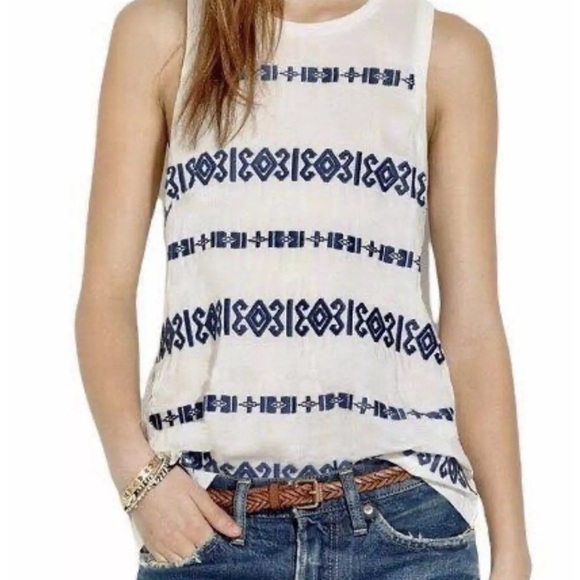 Madewell Tops - Madewell Tank Top Embroidered Size XS Cream Navy Blue Cotton Boho Aztec